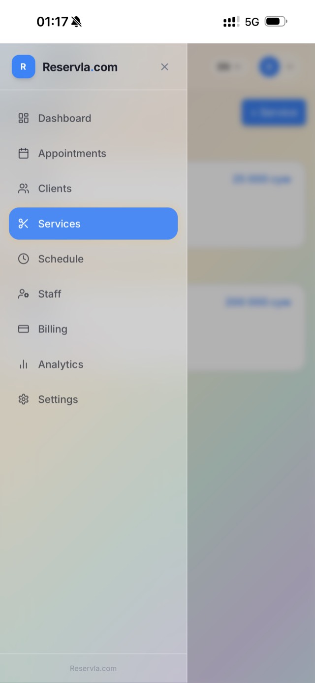 Reservla admin panel — services