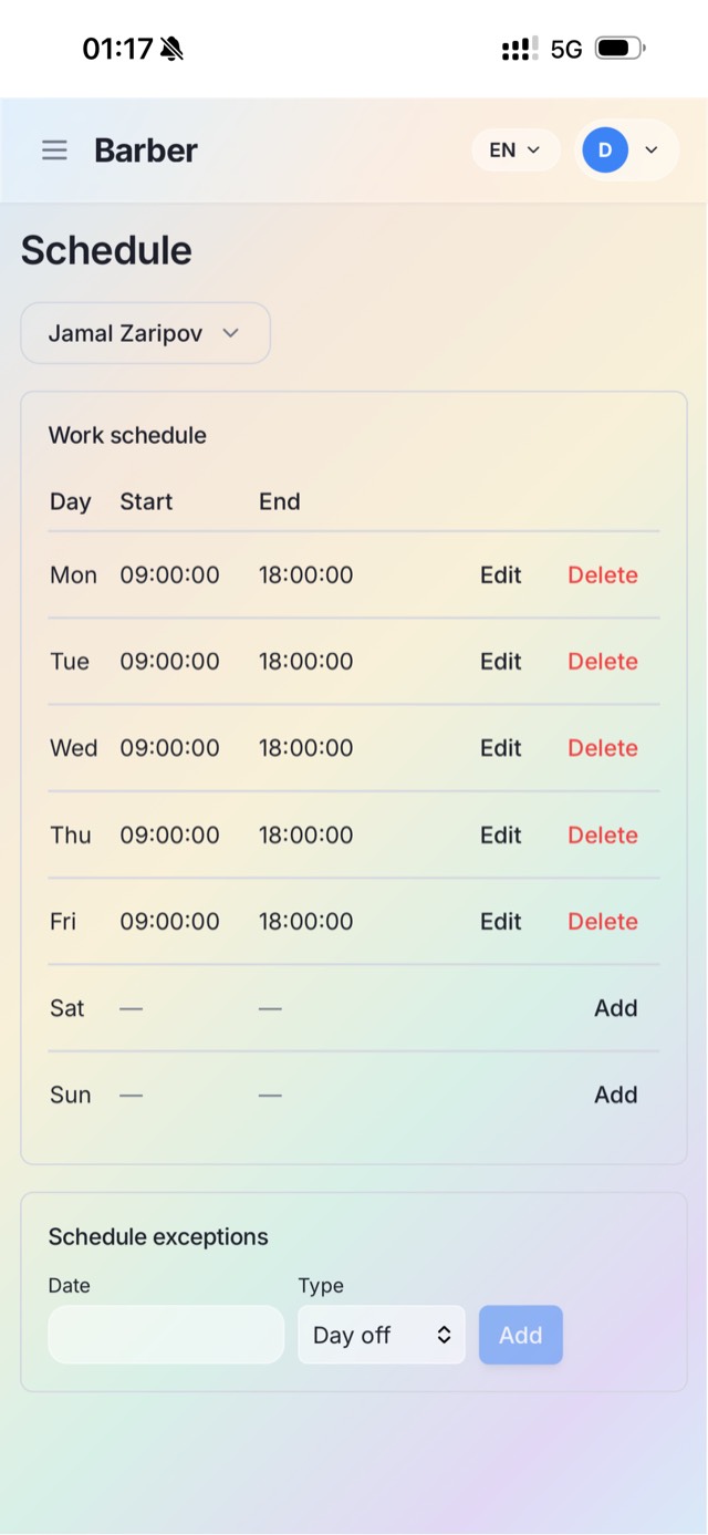 Reservla admin panel — appointments