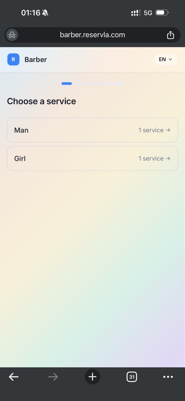 Reservla client booking flow — choose a service