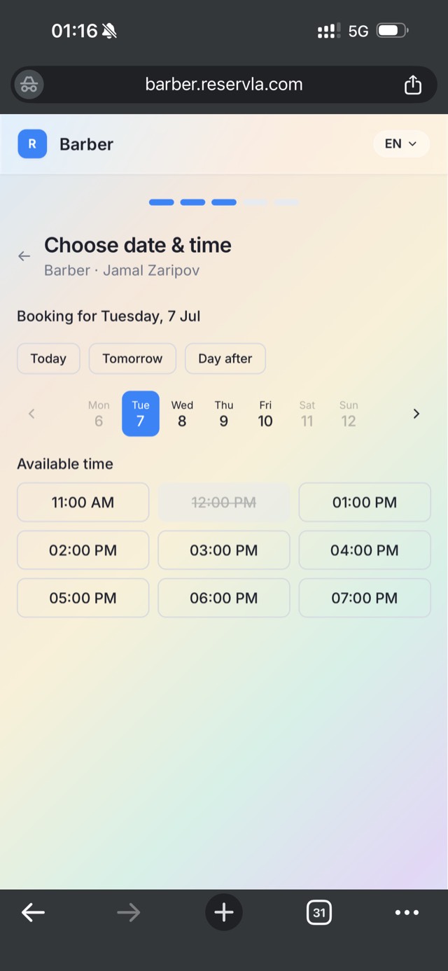 Reservla client booking flow — confirm details