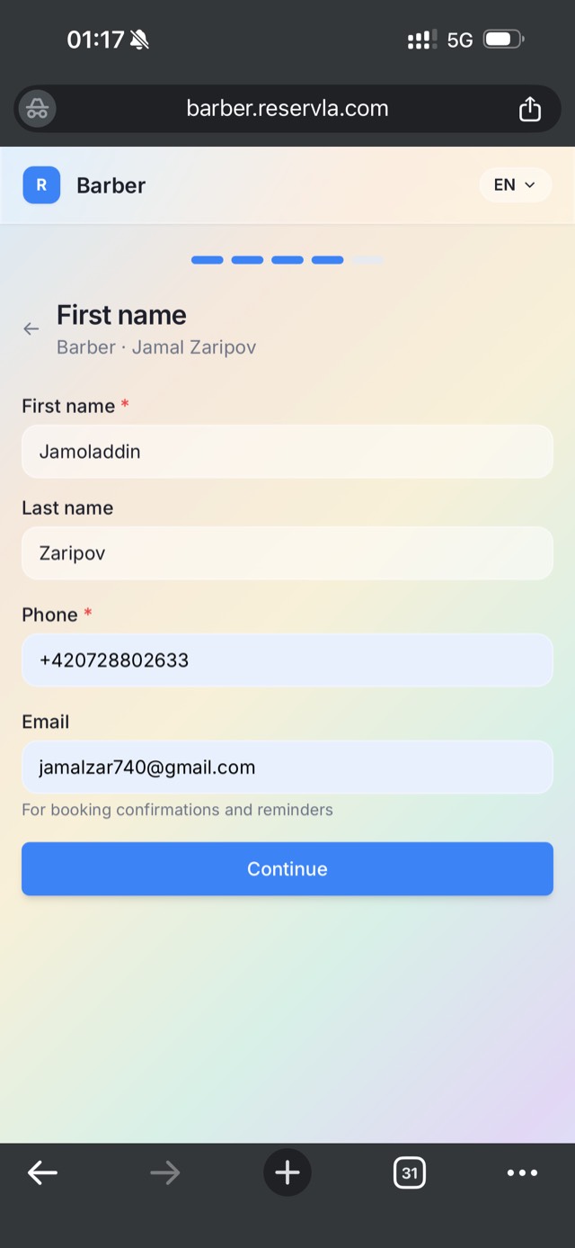 Reservla client booking flow — OTP verification