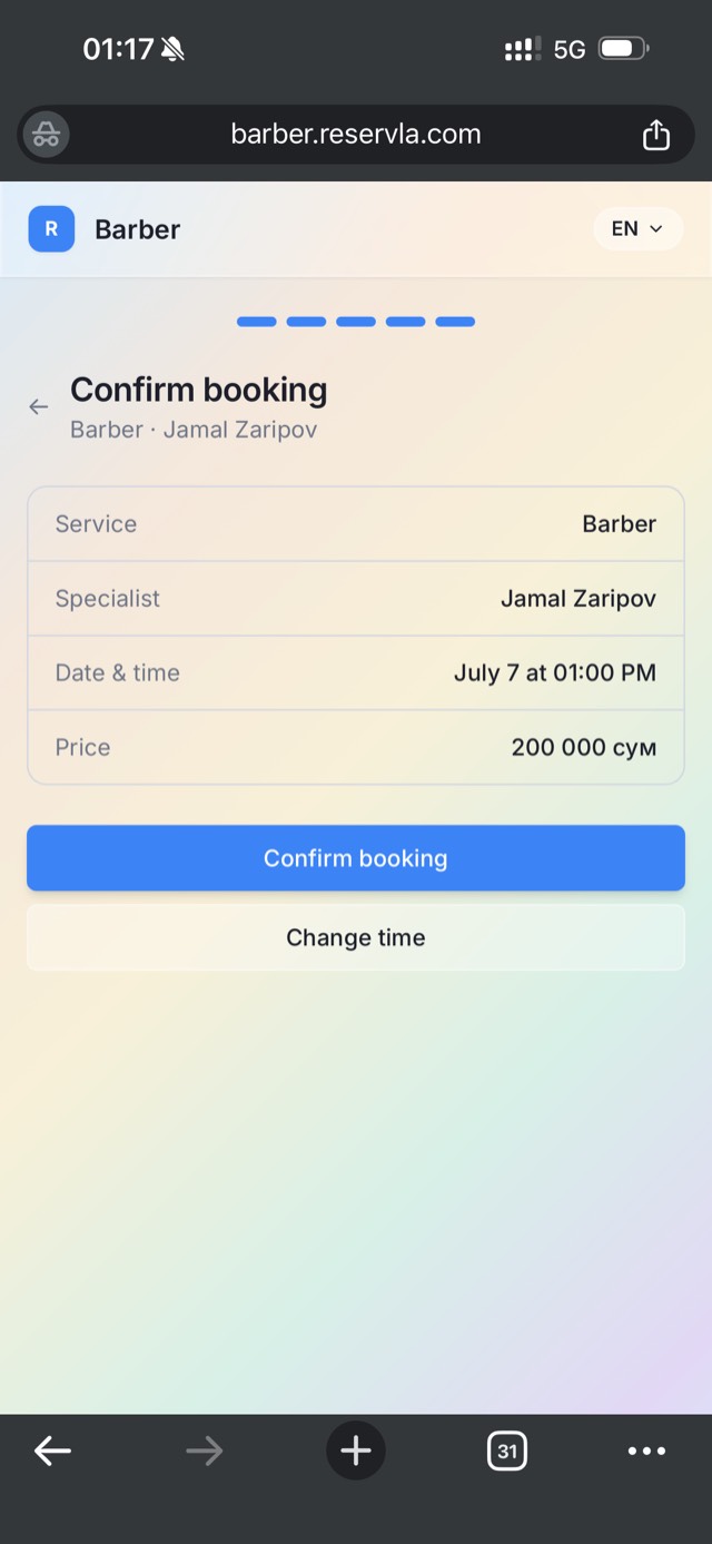 Reservla client booking flow — booking confirmation