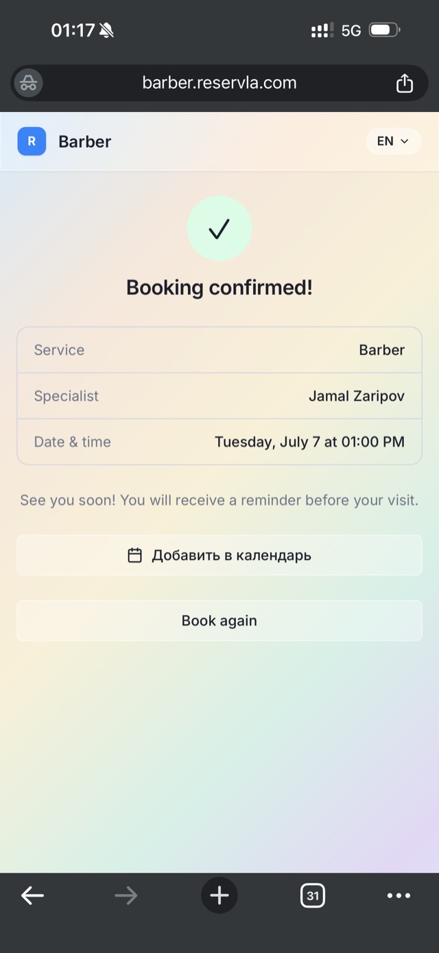 Reservla client booking flow — appointment summary