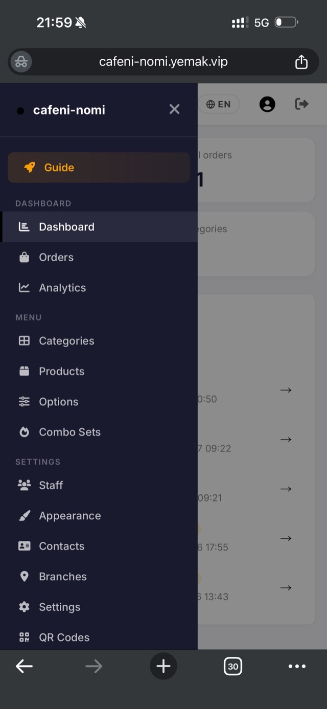 Yemak admin panel — dashboard menu
