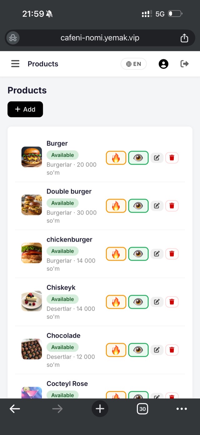 Yemak admin panel — orders list