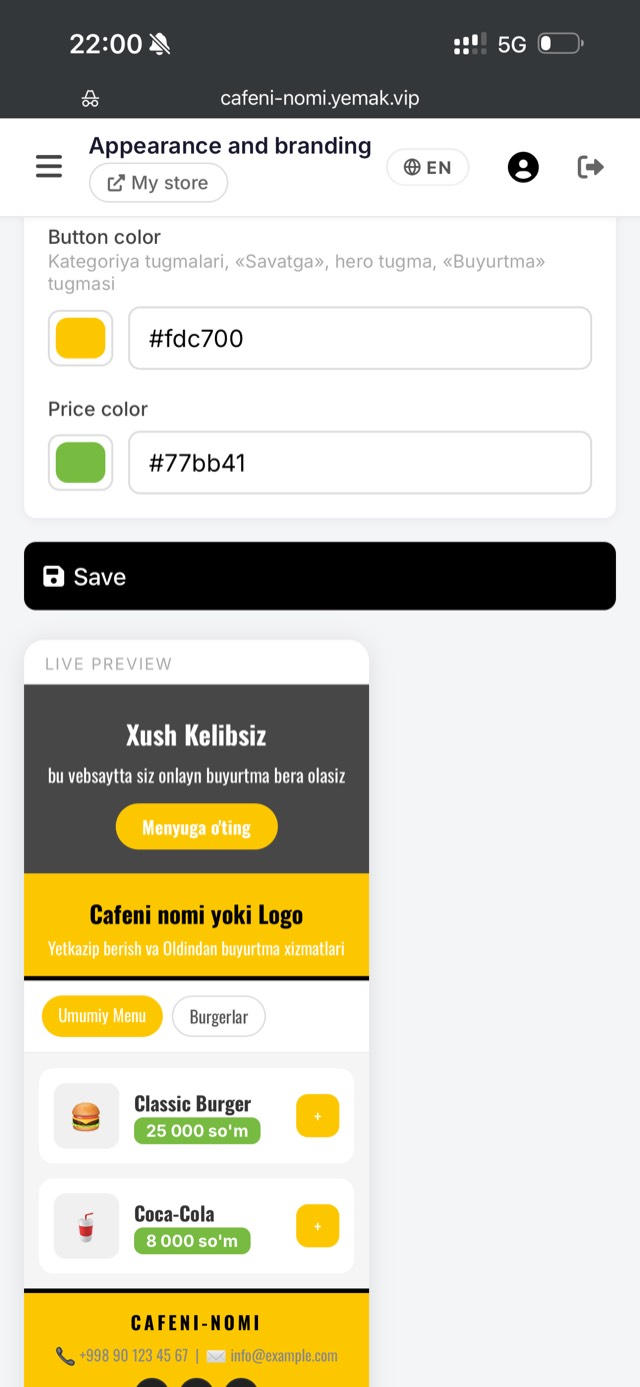 Yemak admin panel — appearance and branding