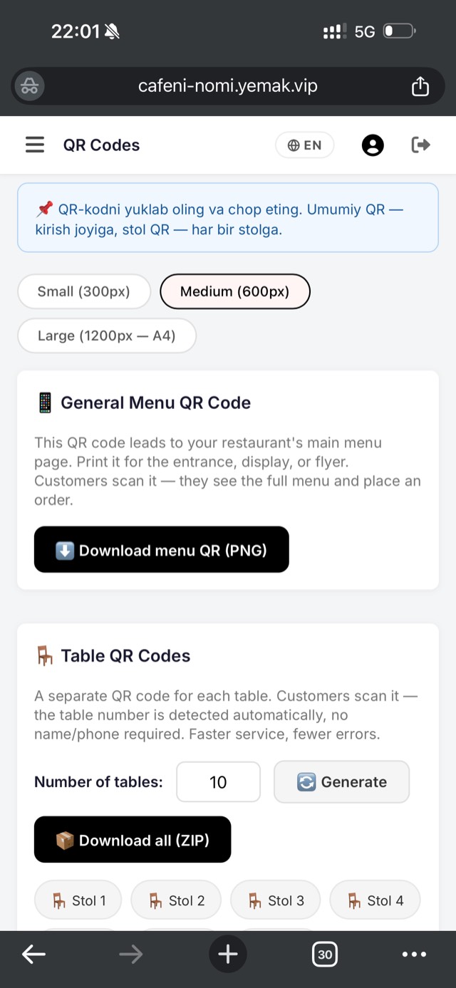 Yemak admin panel — branches